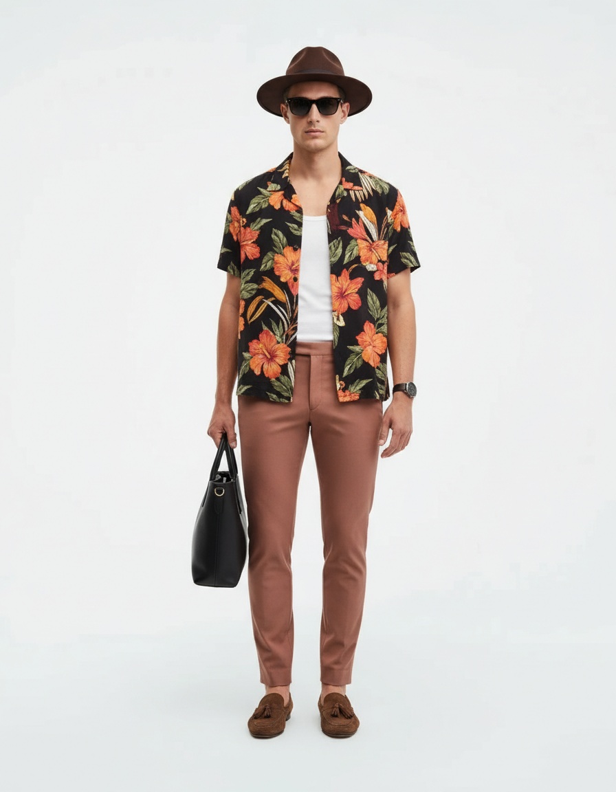 Printed Cotton Blend Short Sleeve Shirt - Loose Fit Breathable Menswear