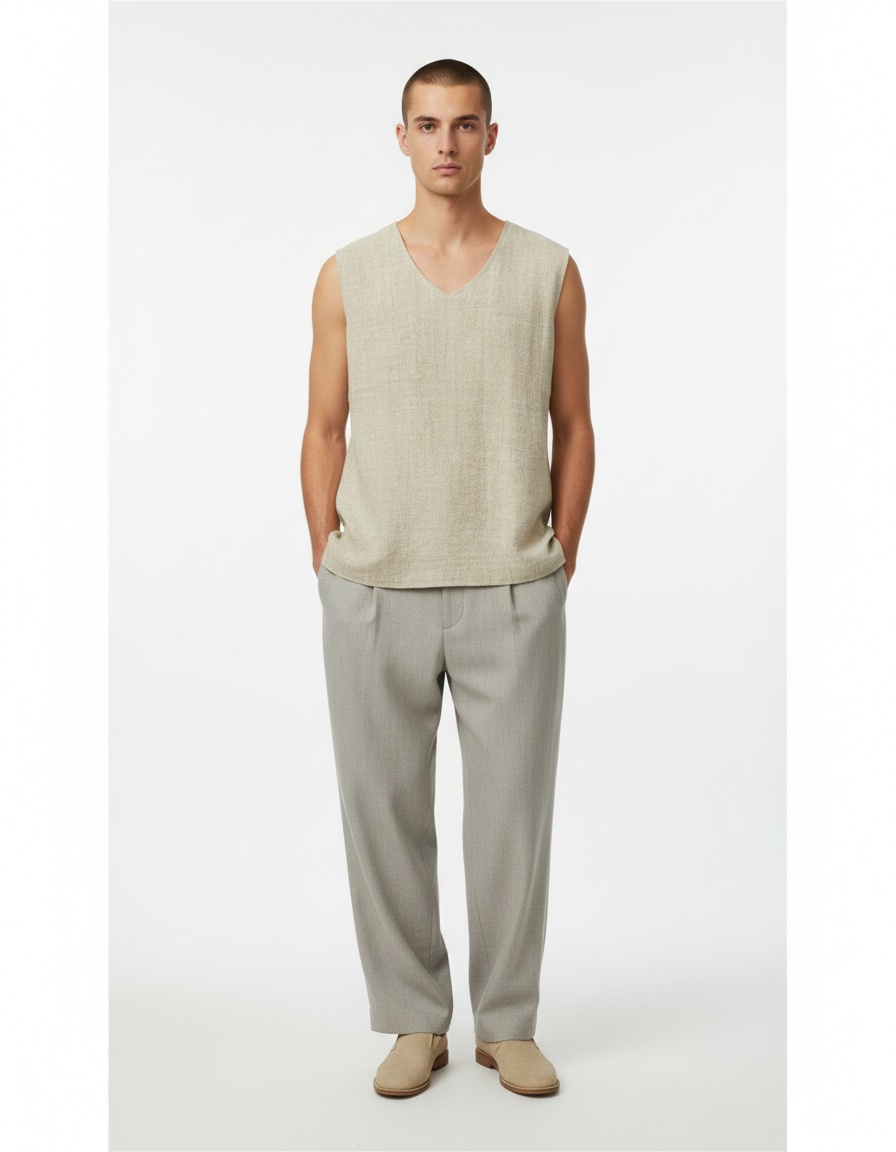 Cotton Blend Loose Fit Menswear Sleeveless Shirt with Breathable Street Style Design