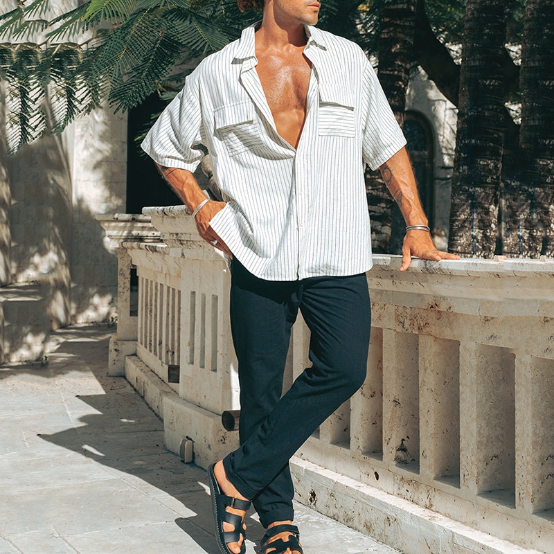 Striped Print Cotton Blend Casual Lapel Shirt with Pockets for Men's Breathable Summer Wear