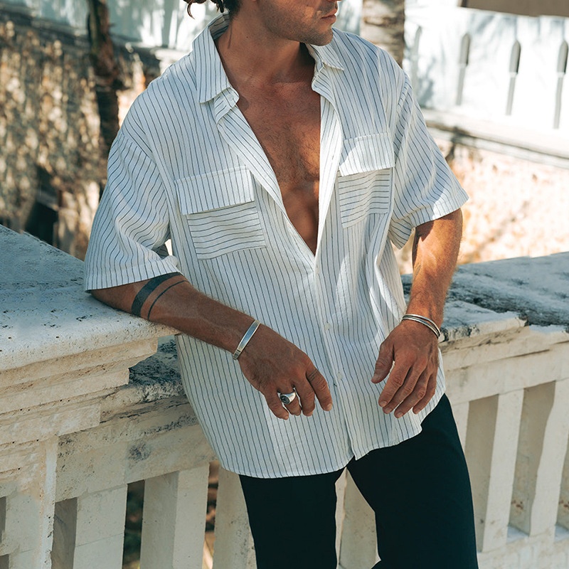 Striped Print Cotton Blend Casual Lapel Shirt with Pockets for Men's Breathable Summer Wear