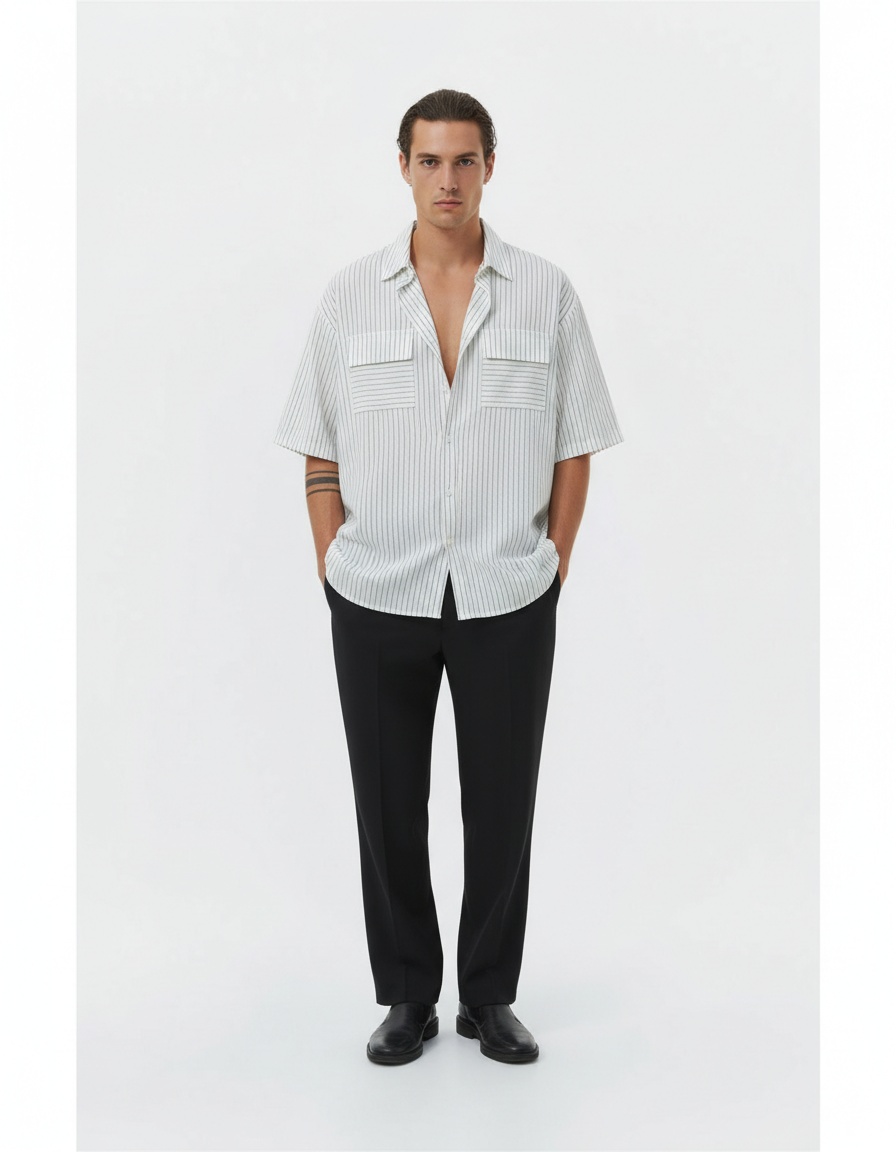 Striped Print Cotton Blend Casual Lapel Shirt with Pockets for Men's Breathable Summer Wear