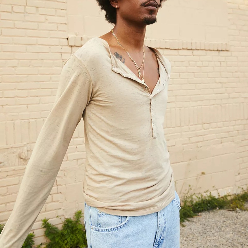 Cotton Blend Long-Sleeve Vacation T-Shirt - Breathable Casual Menswear