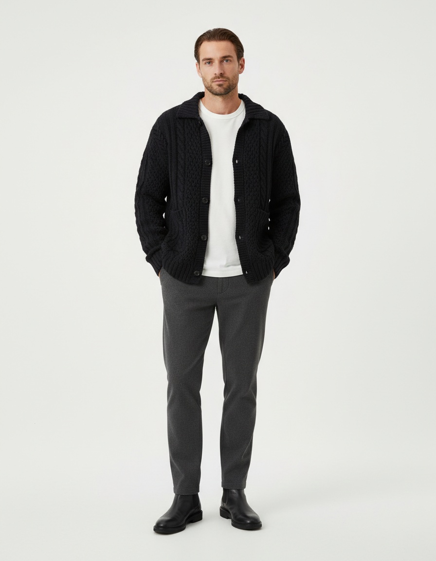 Men's Slim Fit Twisted Knit Cardigan with Casual Lapel for Breathable Winter Comfort