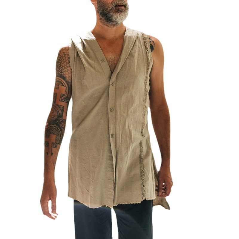 Cotton Linen Printed Sleeveless Hooded Vest for Casual Menswear