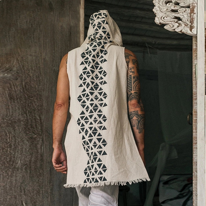 Cotton Linen Printed Sleeveless Hooded Vest for Casual Menswear