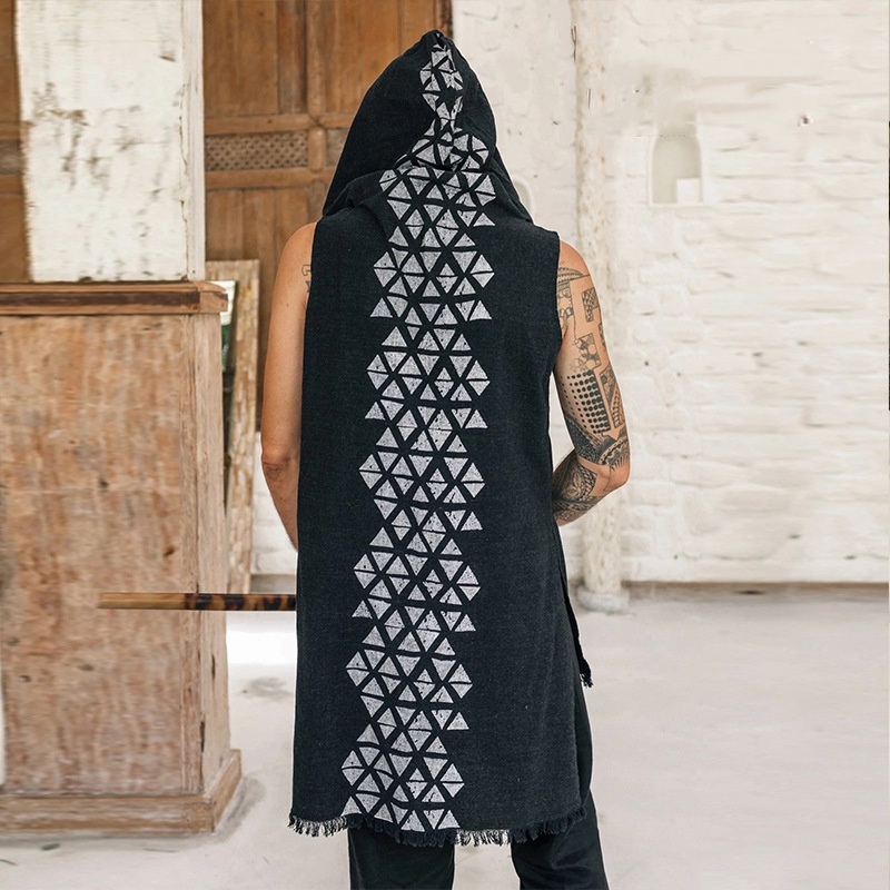 Cotton Linen Printed Sleeveless Hooded Vest for Casual Menswear