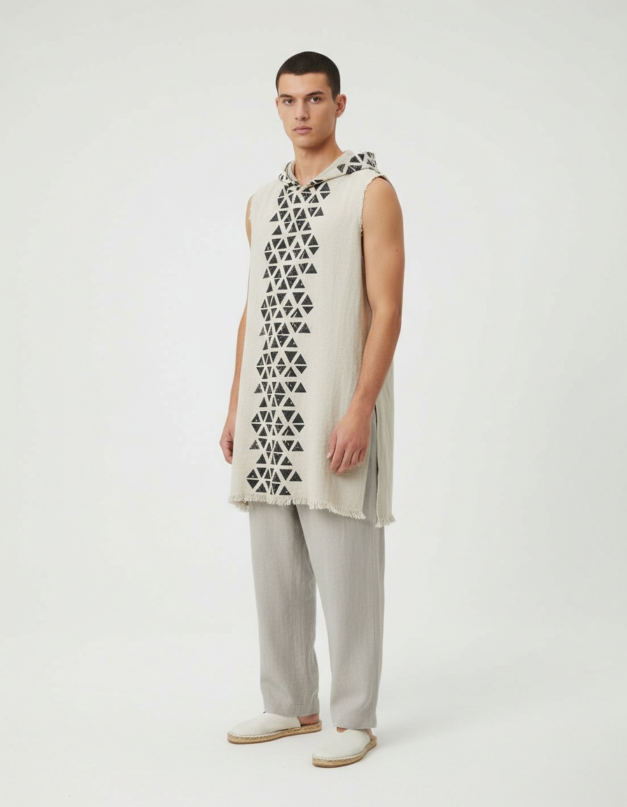 Cotton Linen Printed Sleeveless Hooded Vest for Casual Menswear