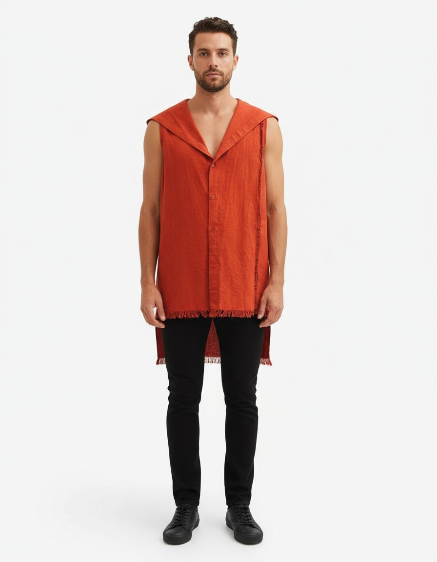 Cotton Linen Printed Sleeveless Hooded Vest for Casual Menswear