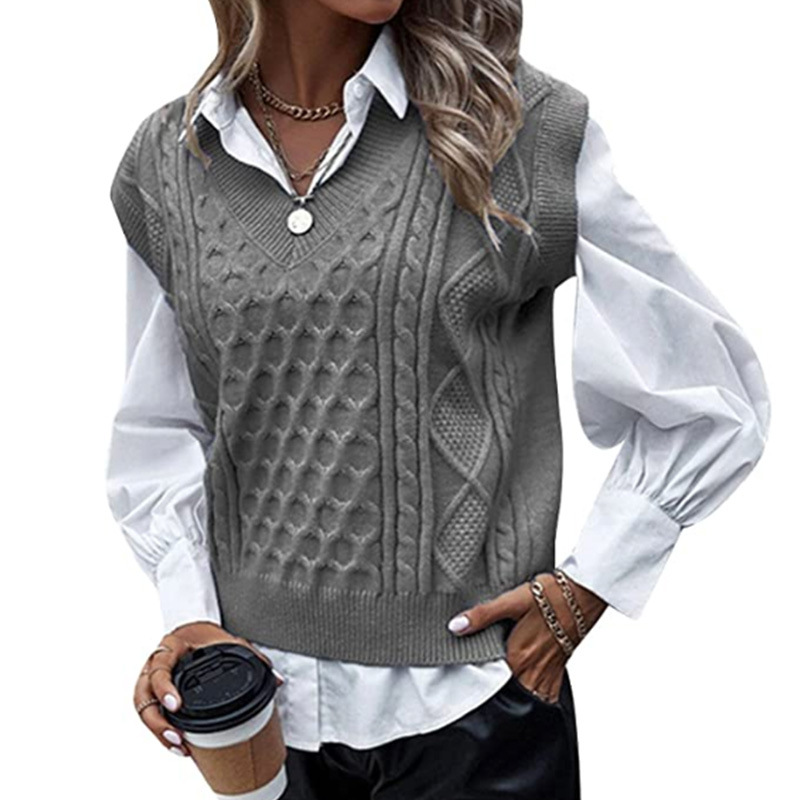 Chunky Knit V Neck Sweater Vest Women Sleeveless Oversized SSU-00048