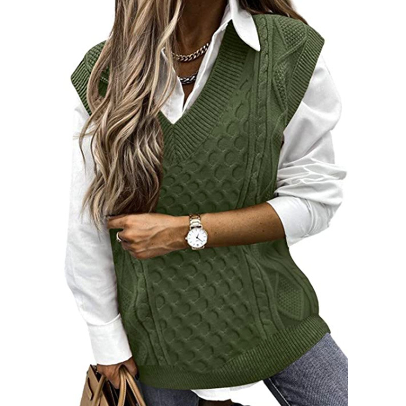 Chunky Knit V Neck Sweater Vest Women Sleeveless Oversized SSU-00048