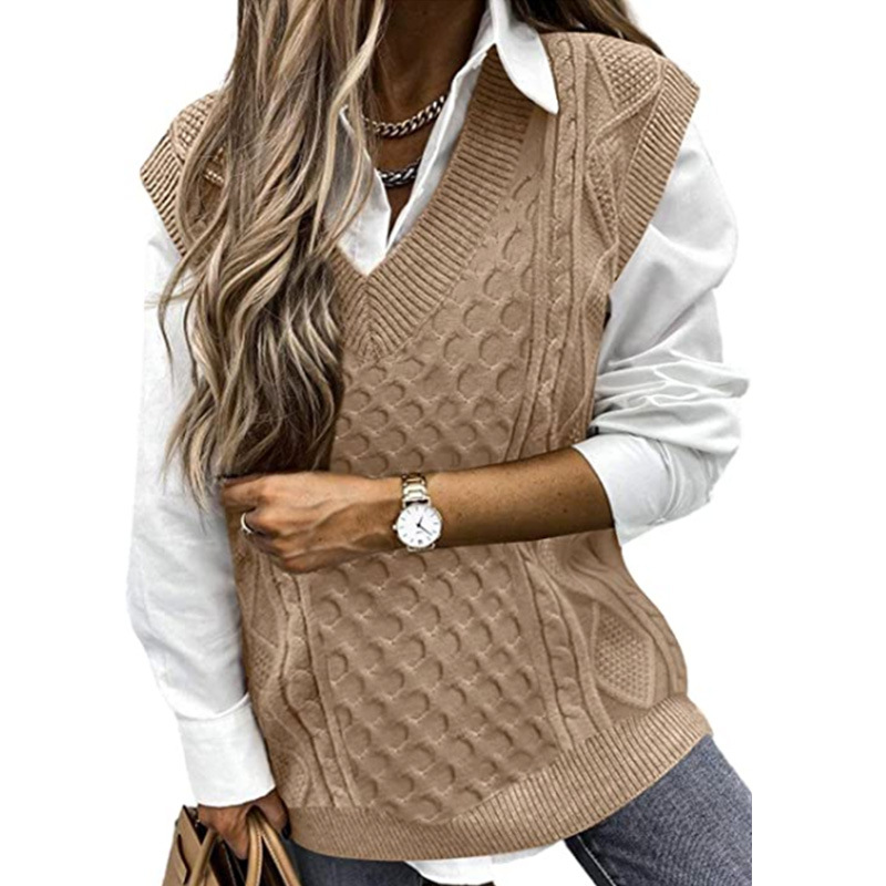 Chunky Knit V Neck Sweater Vest Women Sleeveless Oversized SSU-00048