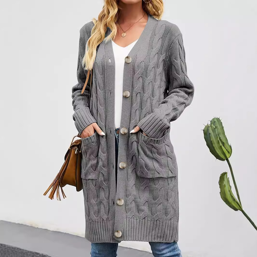 Linen Knit Cardigan Long Open Front Chunky Cable Knit with Pockets