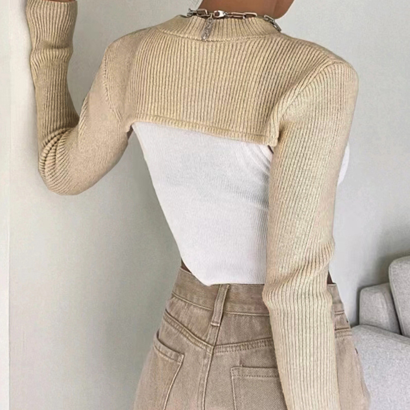Knit Cropped Sweater Women's Long Sleeve Crew Neck Pullover SSU-00031