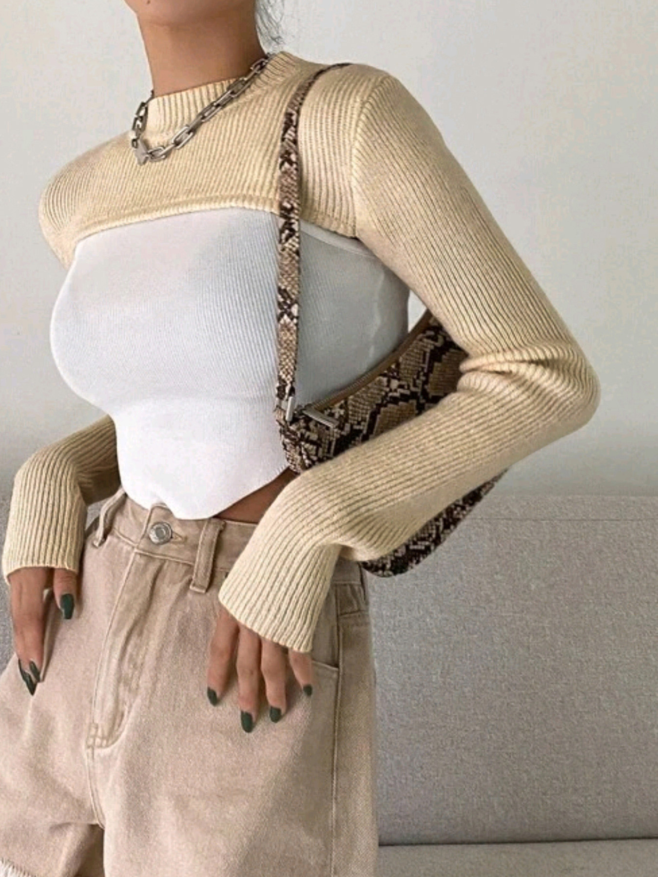 Knit Cropped Sweater Women's Long Sleeve Crew Neck Pullover SSU-00031