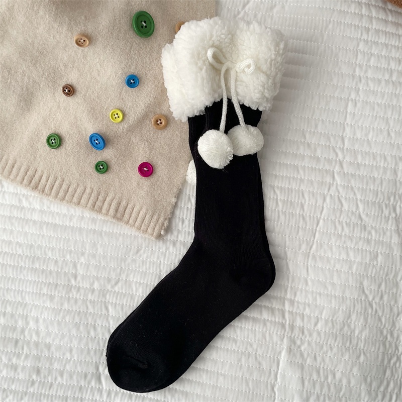 Fleece Cuff Pom Pom Ribbed Crew Socks