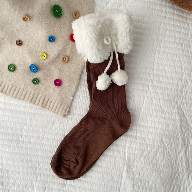 Fleece Cuff Pom Pom Ribbed Crew Socks