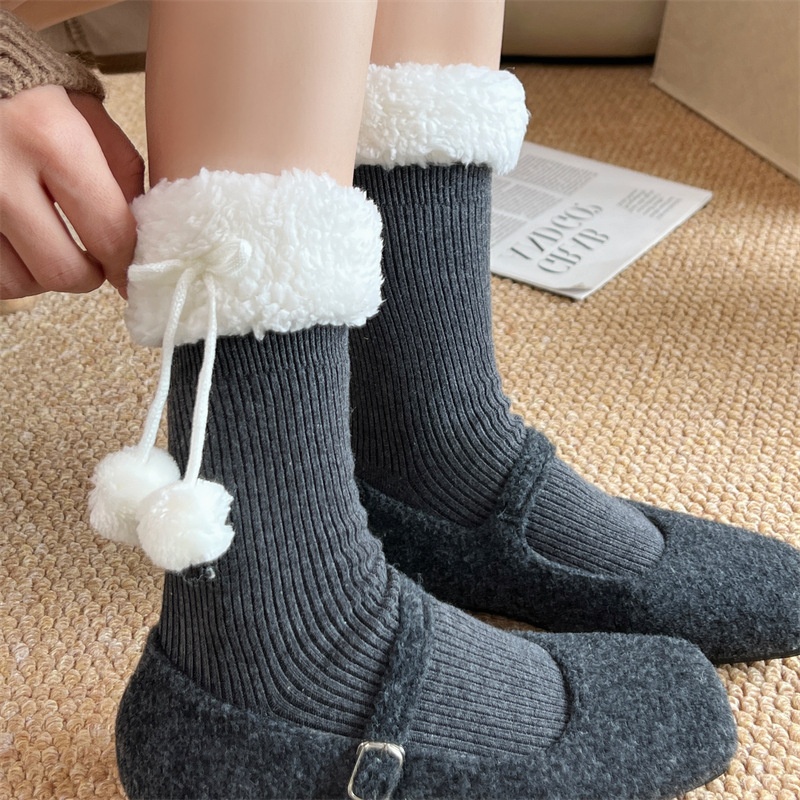 Fleece Cuff Pom Pom Ribbed Crew Socks