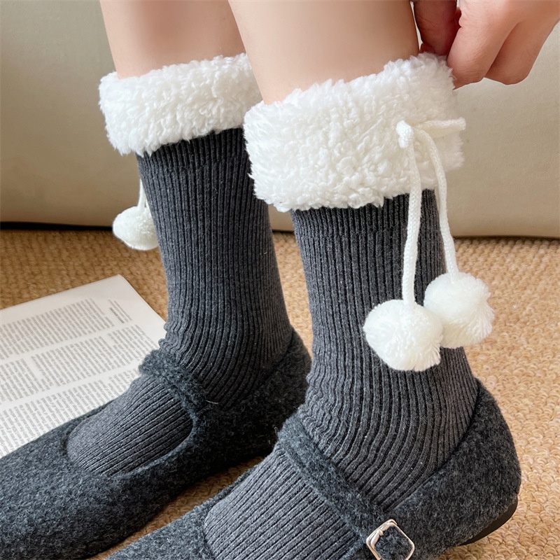Fleece Cuff Pom Pom Ribbed Crew Socks