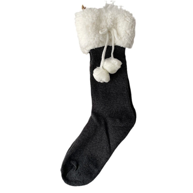 Fleece Cuff Pom Pom Ribbed Crew Socks