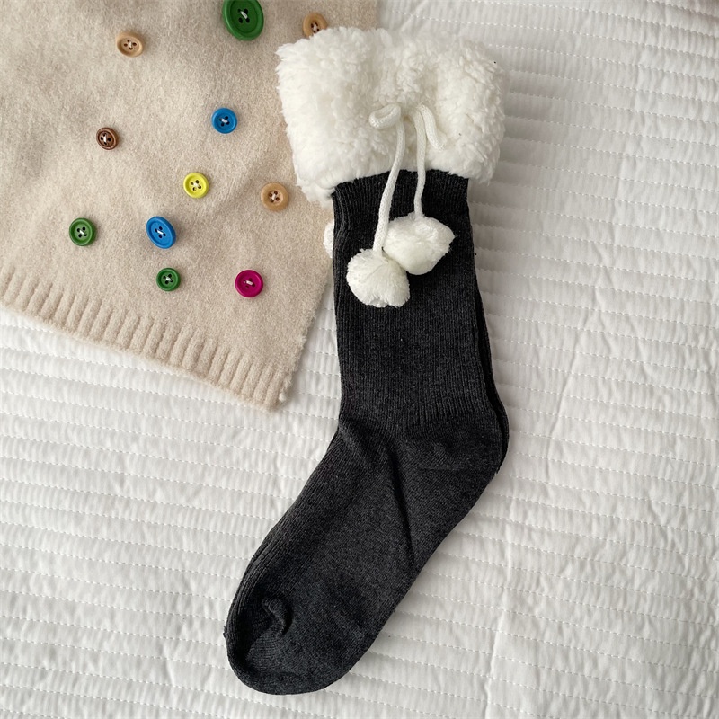 Fleece Cuff Pom Pom Ribbed Crew Socks