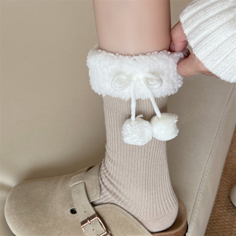 Fleece Cuff Pom Pom Ribbed Crew Socks