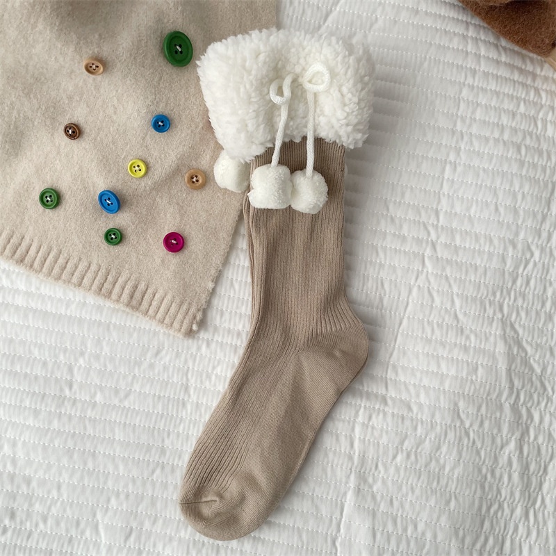Fleece Cuff Pom Pom Ribbed Crew Socks