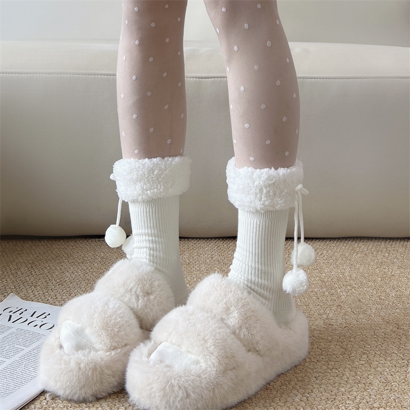 Fleece Cuff Pom Pom Ribbed Crew Socks
