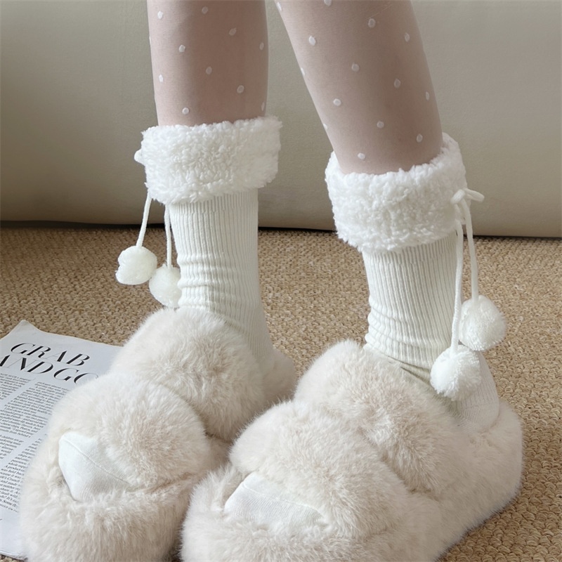 Fleece Cuff Pom Pom Ribbed Crew Socks
