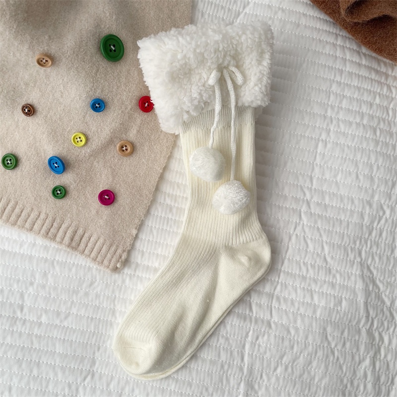 Fleece Cuff Pom Pom Ribbed Crew Socks