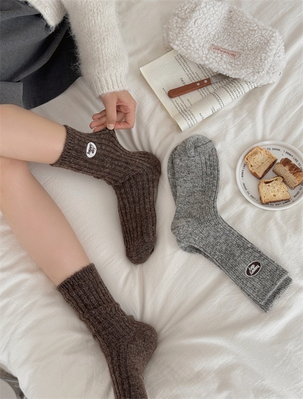 Wool Happy Day Patch Ribbed Crew Socks