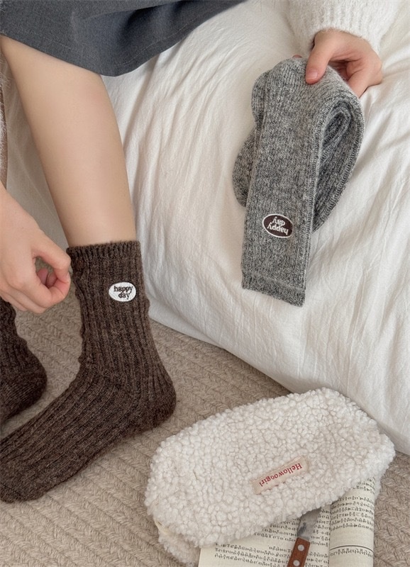 Wool Happy Day Patch Ribbed Crew Socks