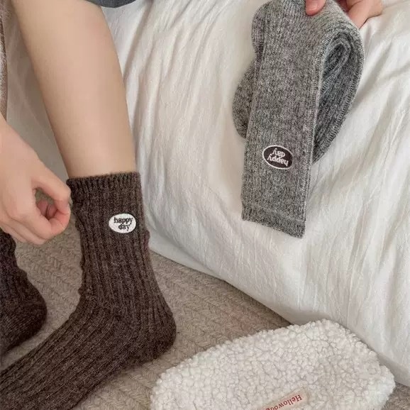 Wool Happy Day Patch Ribbed Crew Socks