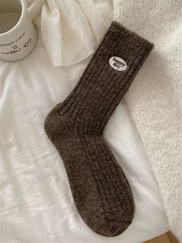 Wool Happy Day Patch Ribbed Crew Socks