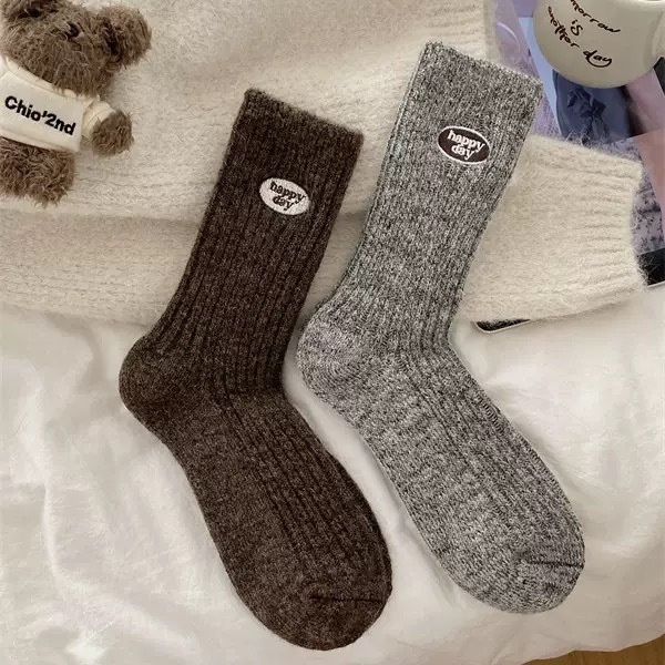 Wool Happy Day Patch Ribbed Crew Socks