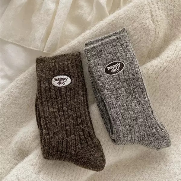 Wool Happy Day Patch Ribbed Crew Socks
