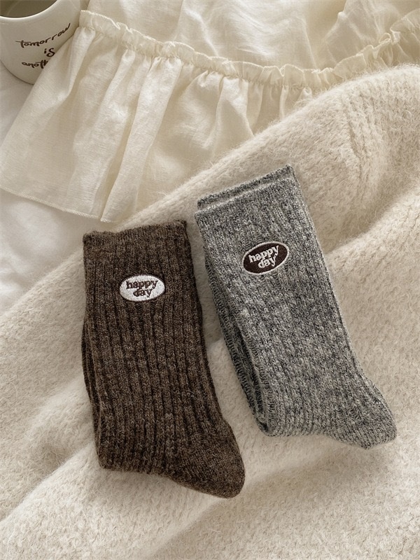 Wool Happy Day Patch Ribbed Crew Socks