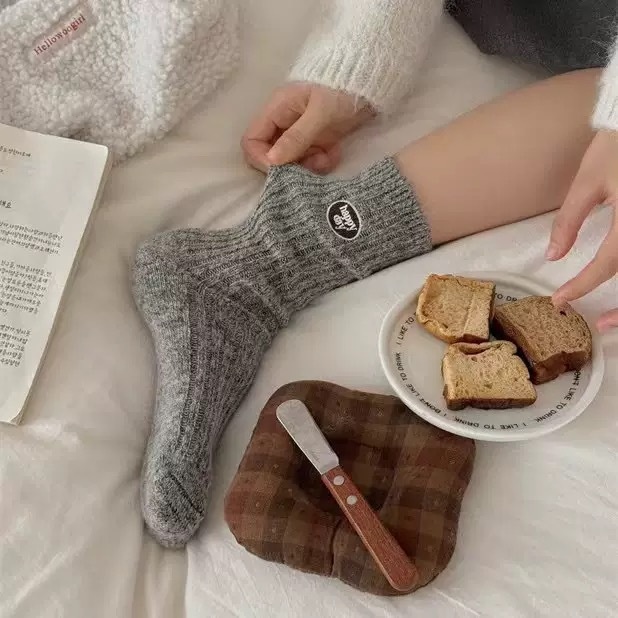 Wool Happy Day Patch Ribbed Crew Socks