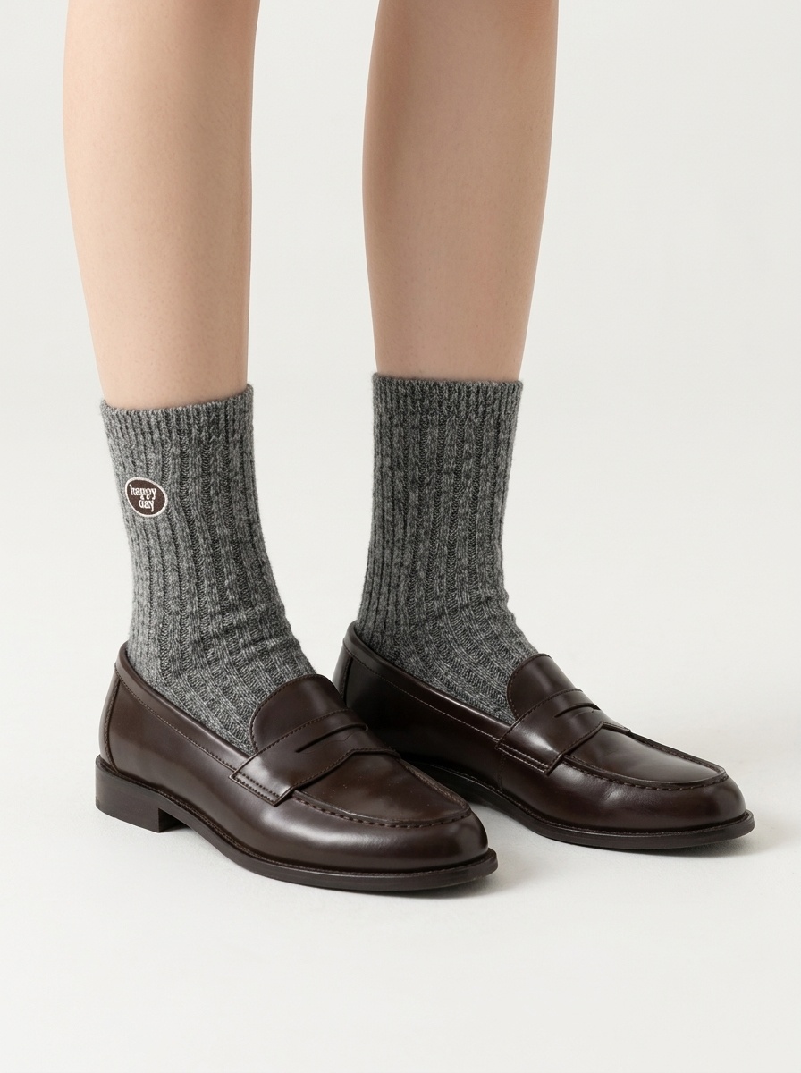 Wool Happy Day Patch Ribbed Crew Socks