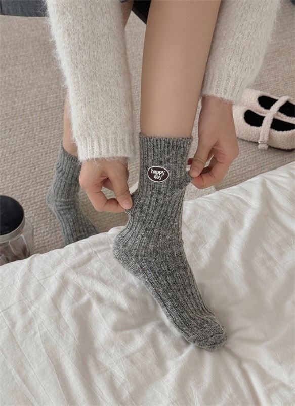 Wool Happy Day Patch Ribbed Crew Socks