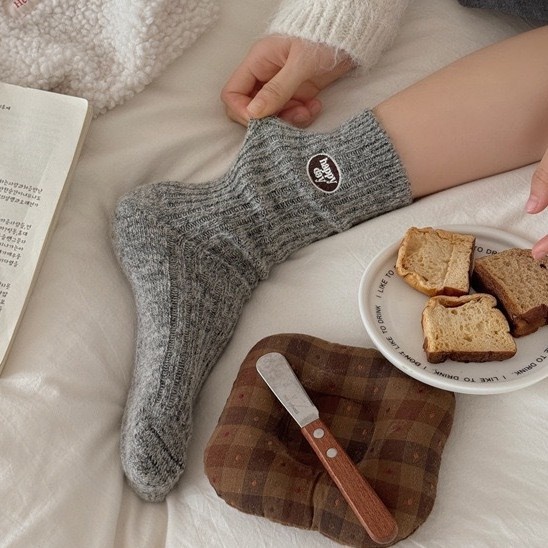 Wool Happy Day Patch Ribbed Crew Socks