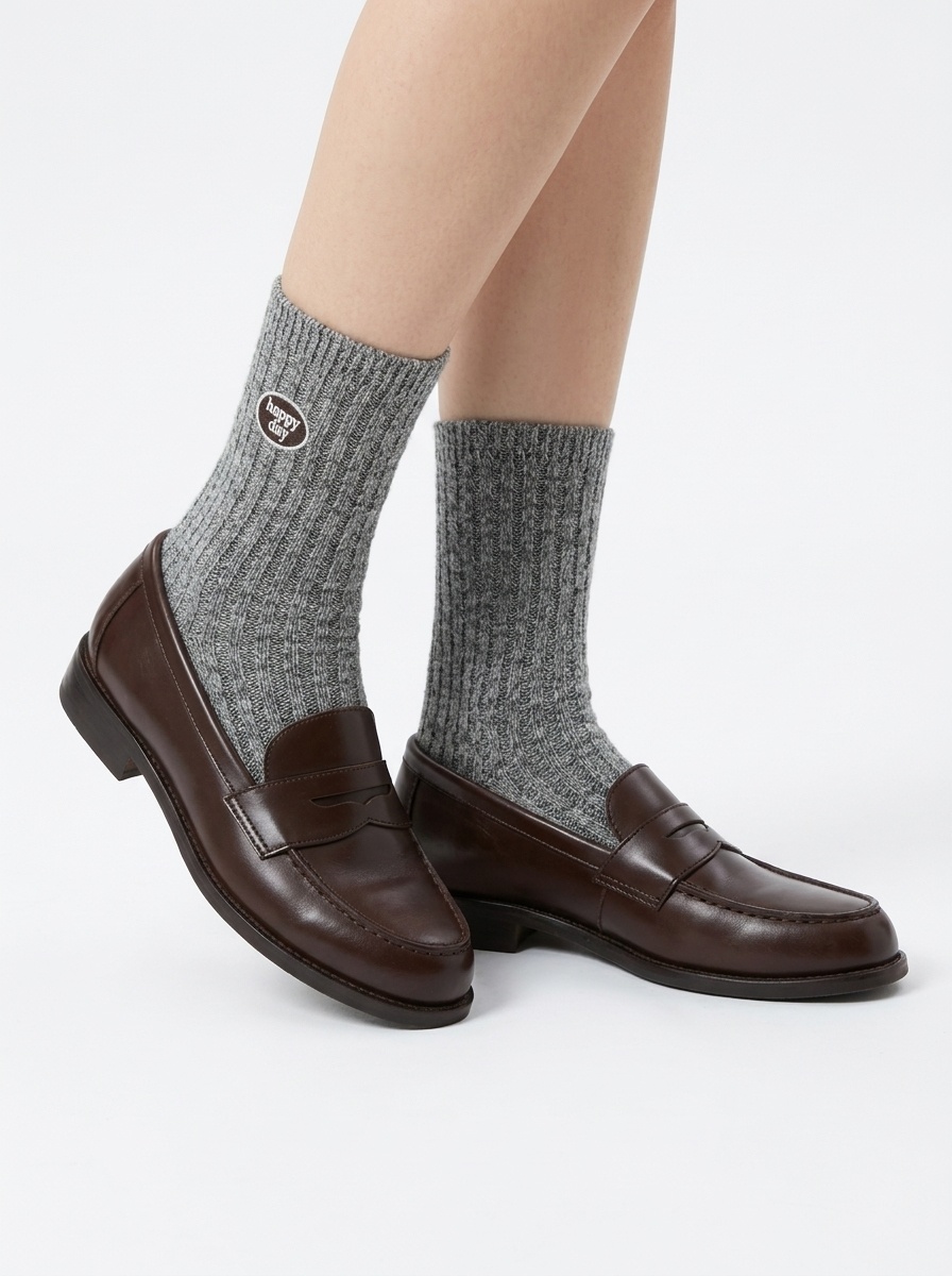 Wool Happy Day Patch Ribbed Crew Socks