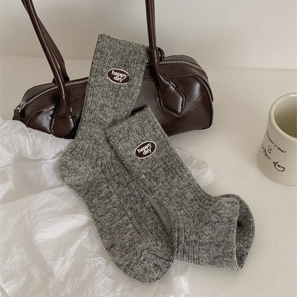 Wool Happy Day Patch Ribbed Crew Socks