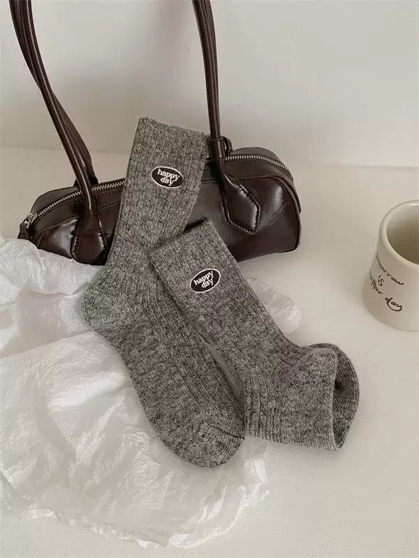 Wool Happy Day Patch Ribbed Crew Socks