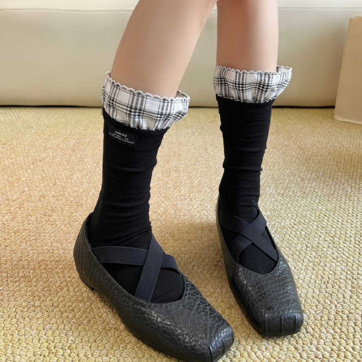Ruffle Trim Crew Socks with Check Accent Cuff