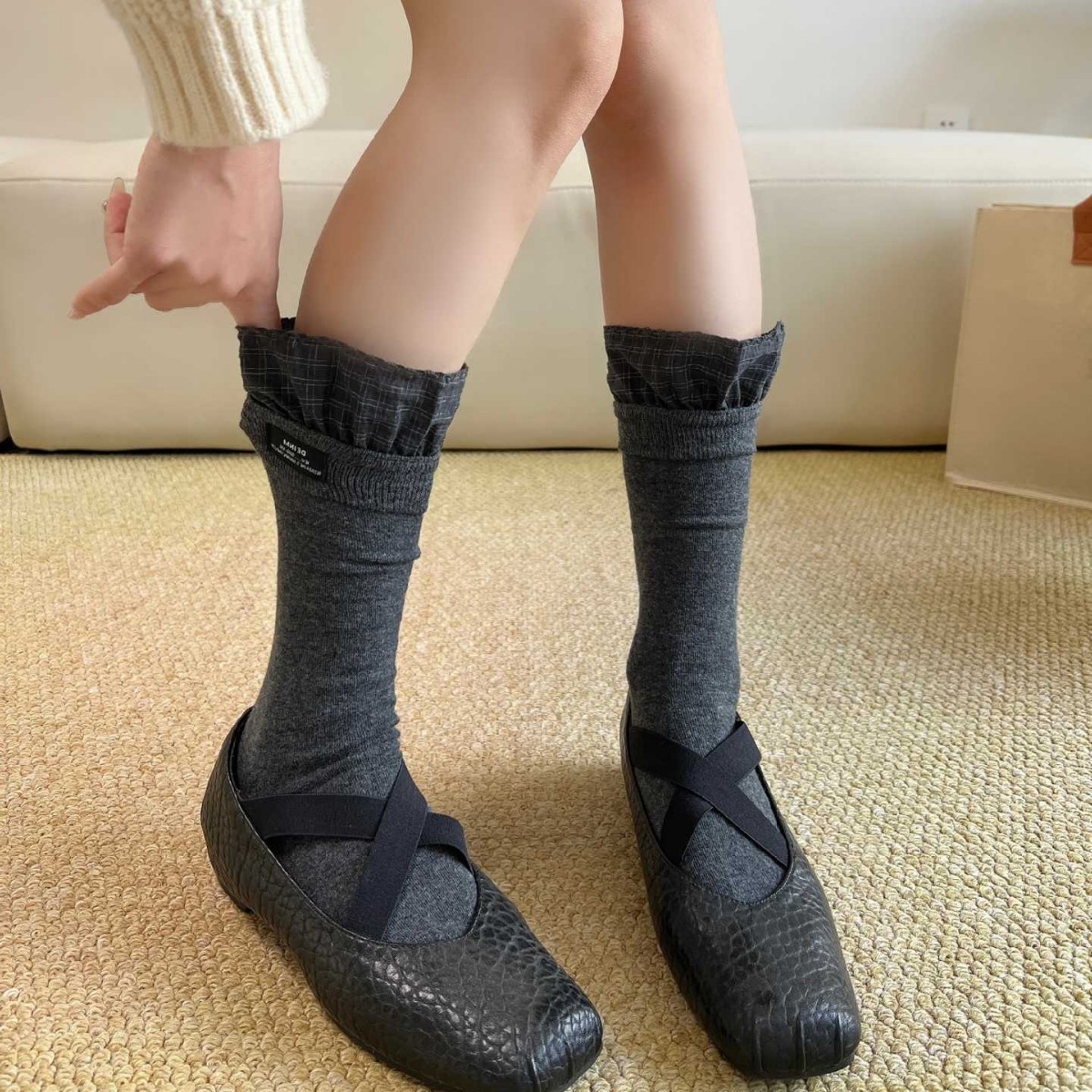 Ruffle Trim Crew Socks with Check Accent Cuff