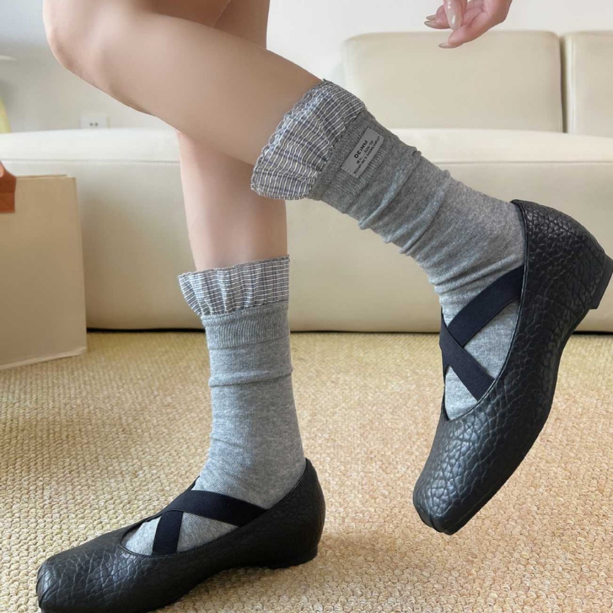 Ruffle Trim Crew Socks with Check Accent Cuff