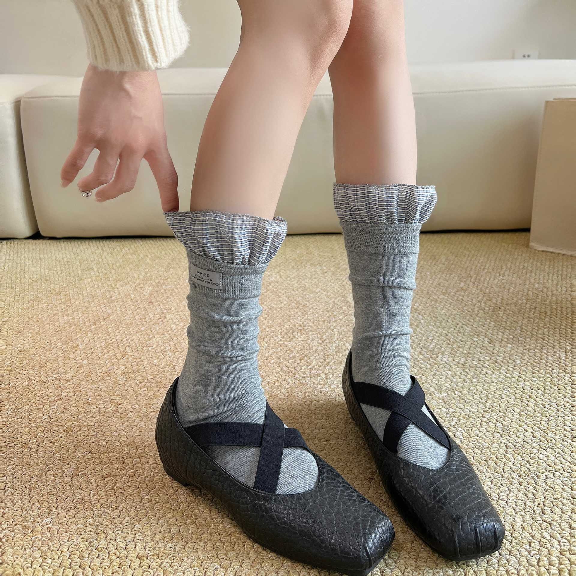Ruffle Trim Crew Socks with Check Accent Cuff
