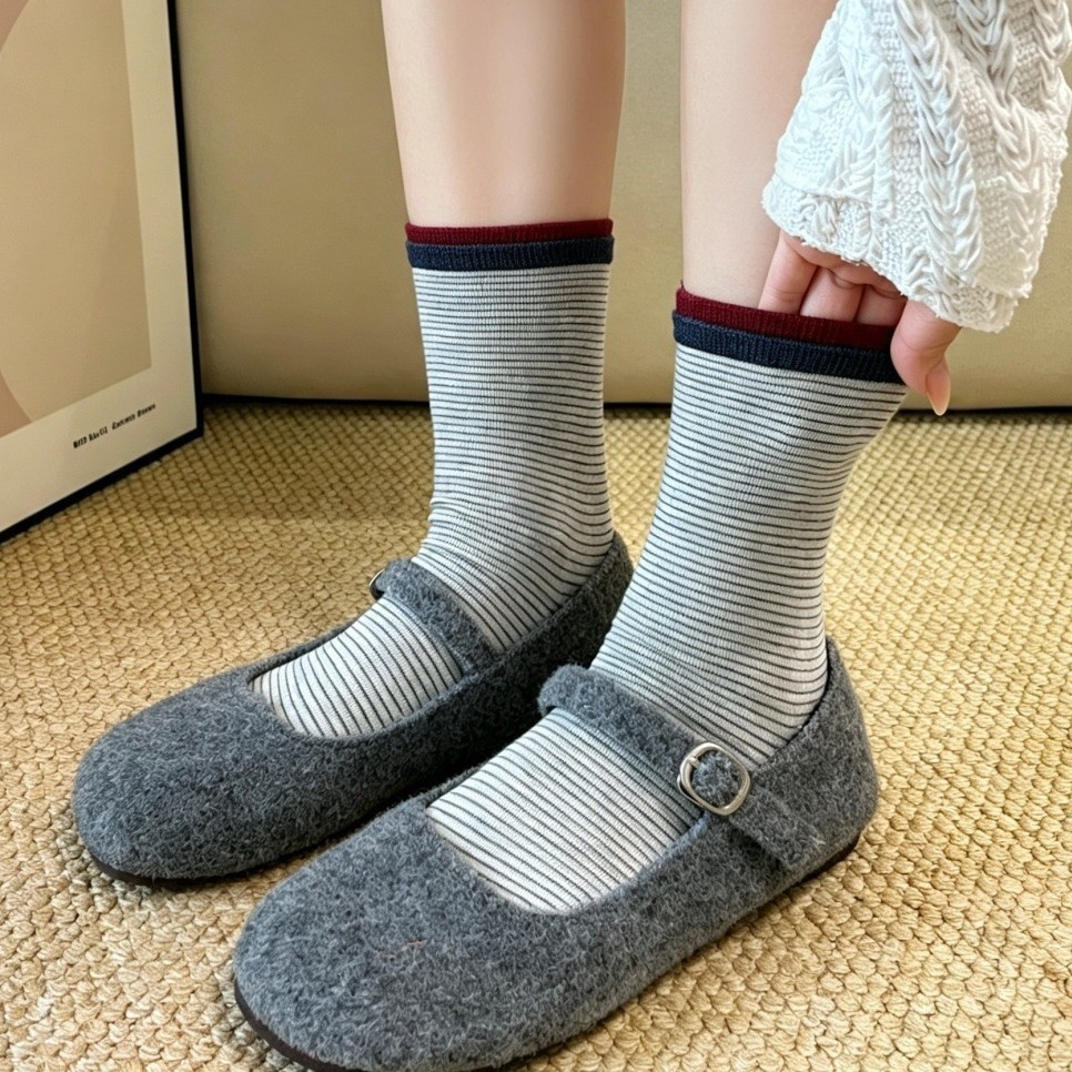 Striped Crew Socks with Contrast Ribbed Cuff