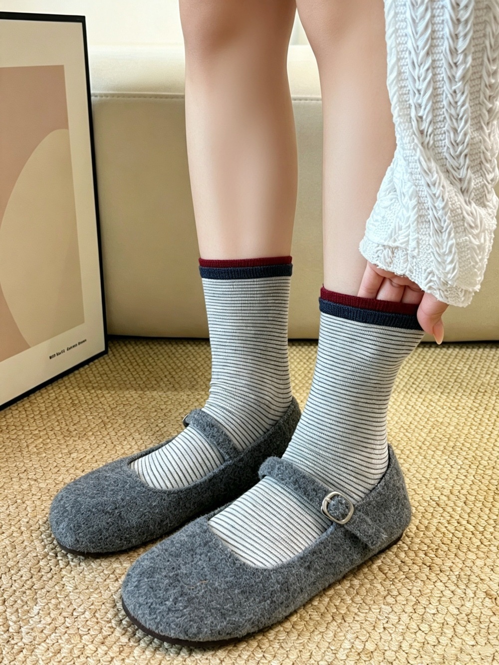 Striped Crew Socks with Contrast Ribbed Cuff