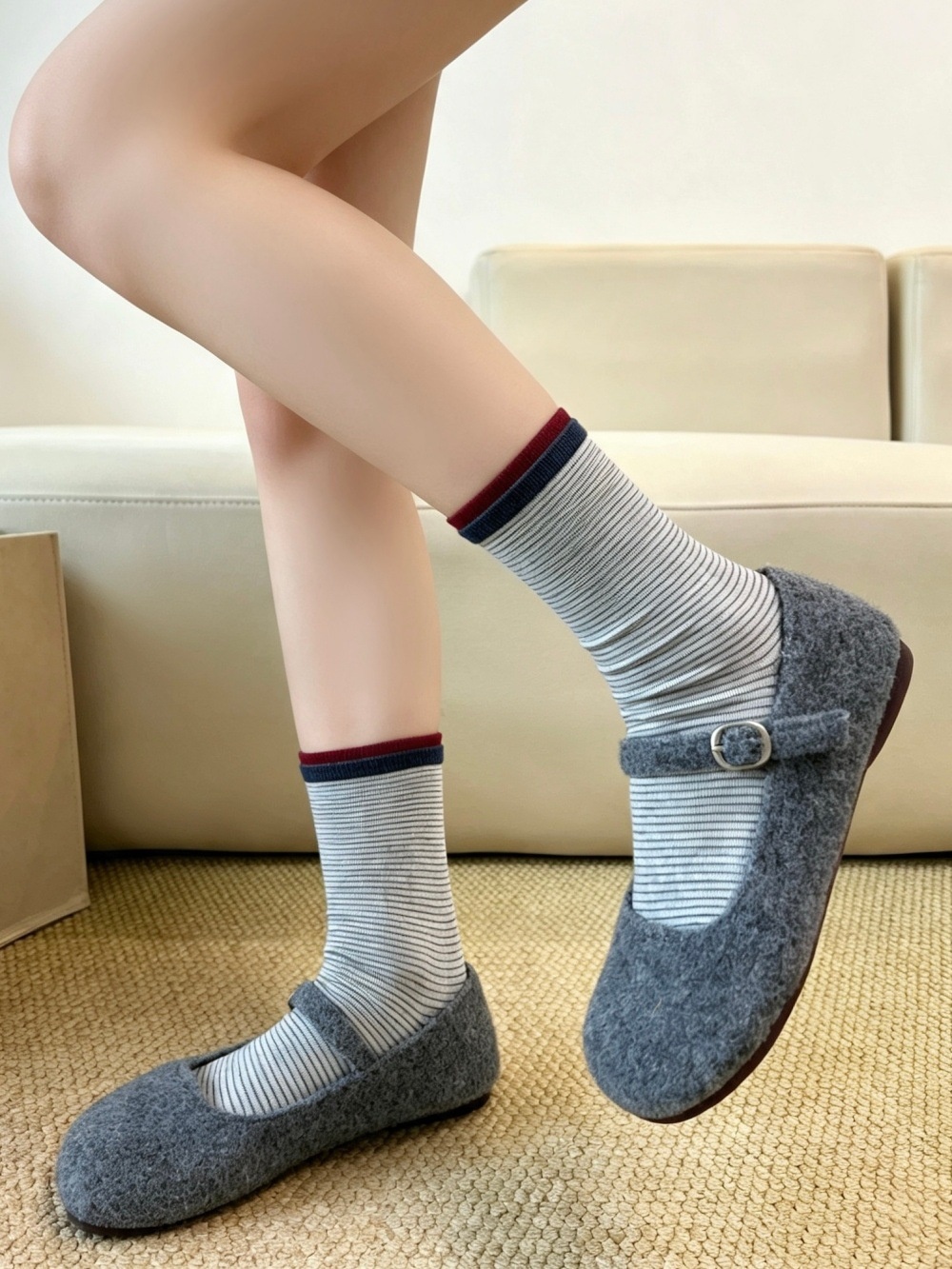 Striped Crew Socks with Contrast Ribbed Cuff